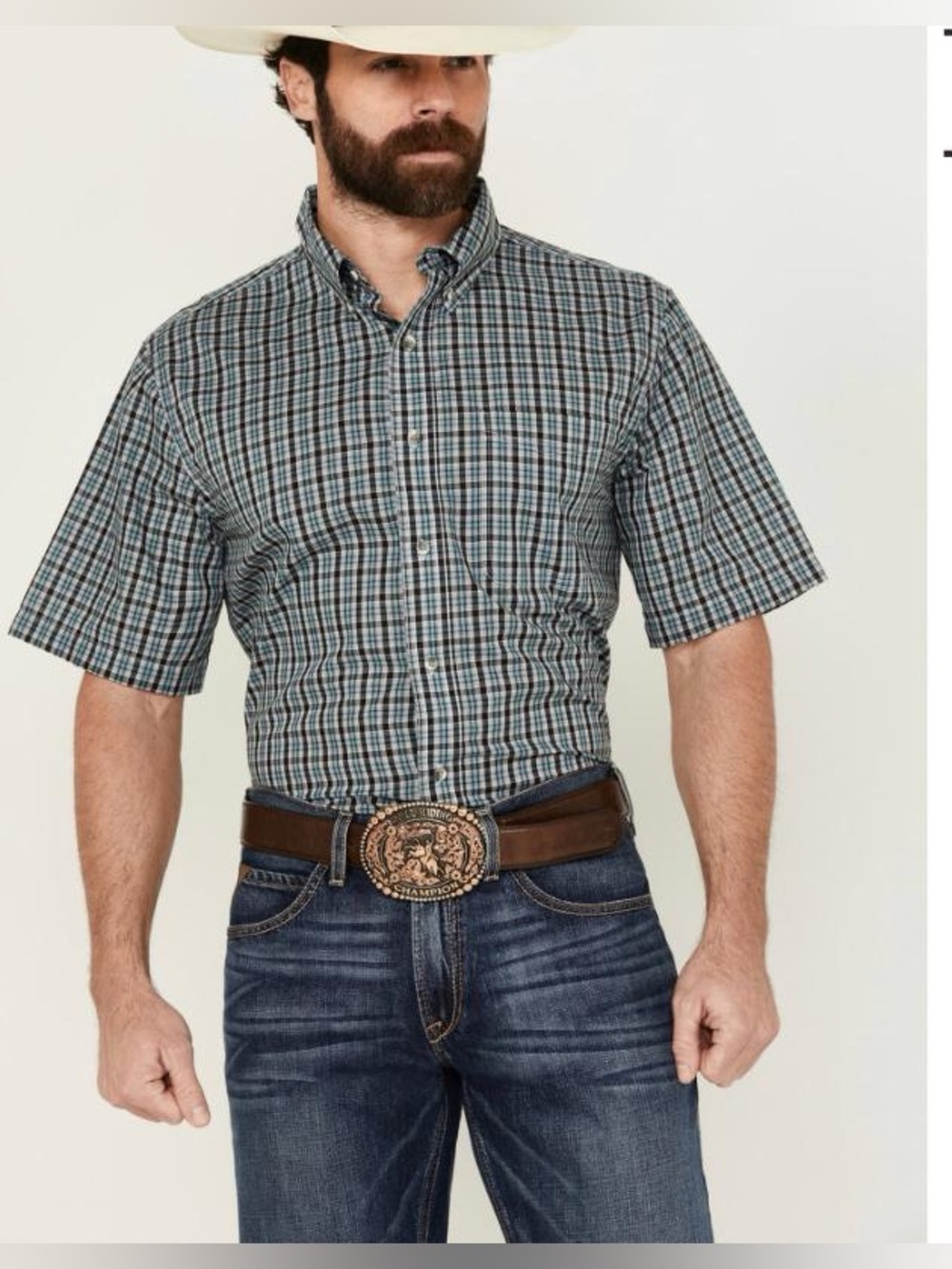Wrangler Riata Men's Short-Sleeve Plaid Button-Down Shirt - Blue/Gray NWT Sz Med